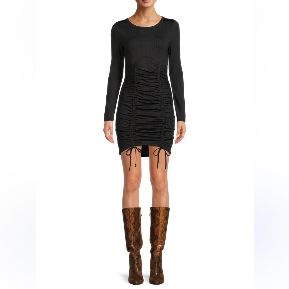 NBD Ruched Front Sheer Mesh Tie Hem Black Long Sleeve Dress, Large